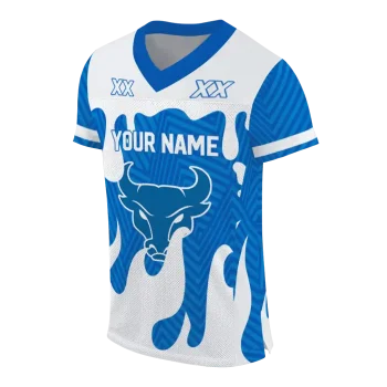custom buffalo bulls dripping flames royal blue white jersey fashion forward
