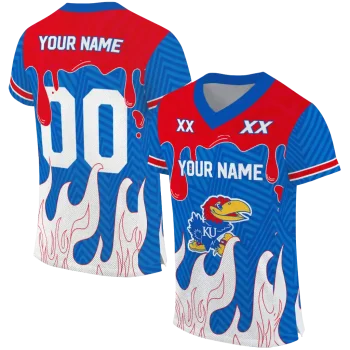 custom kansas jayhawks dripping flames blue white jersey best selling