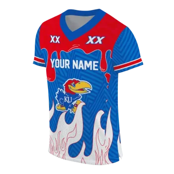 custom kansas jayhawks dripping flames blue white jersey fashion forward