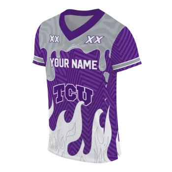 custom tcu horned frogs dripping flames purple white jersey fashion forward