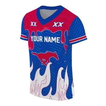 customized smu mustangs dripping flames blue white jersey fashion forward