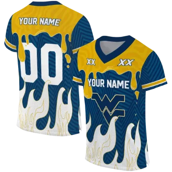 customized west virginia mountaineers dripping flames blue white jersey best selling