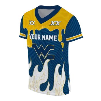 customized west virginia mountaineers dripping flames blue white jersey fashion forward
