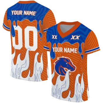 personalized boise state broncos dripping flames orange white jersey best selling