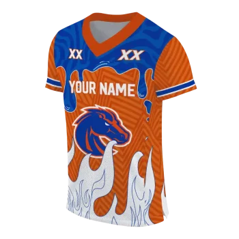 personalized boise state broncos dripping flames orange white jersey fashion forward
