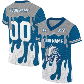 personalized drake bulldogs dripping flames blue white jersey best selling