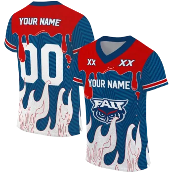 personalized florida atlantic owls dripping flames blue white jersey best selling