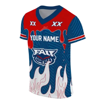 personalized florida atlantic owls dripping flames blue white jersey fashion forward