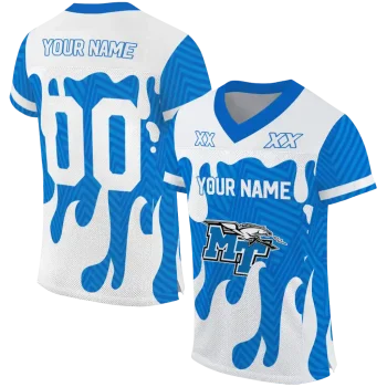 personalized middle tennessee blue raiders dripping flames blue white jersey best selling