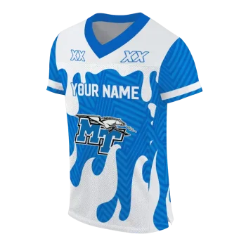 personalized middle tennessee blue raiders dripping flames blue white jersey fashion forward