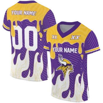 personalized minnesota vikings dripping flames purple white jersey best selling