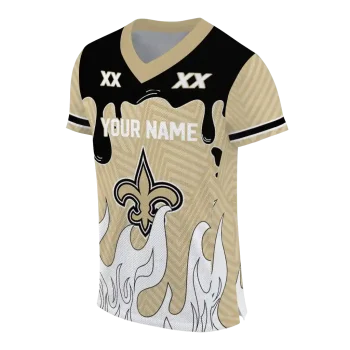 personalized new orleans saints dripping flames gold white jersey fashion forward