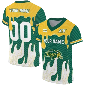 personalized north dakota state bison dripping flames green white jersey best selling
