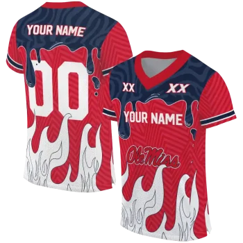 personalized ole miss rebels dripping flames red white jersey best selling
