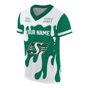 personalized saskatchewan roughriders dripping flames green white jersey fashion forward