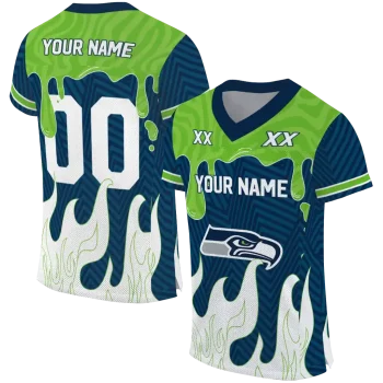 personalized seattle seahawks dripping flames blue white jersey best selling