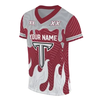 personalized troy trojans dripping flames red white jersey fashion forward