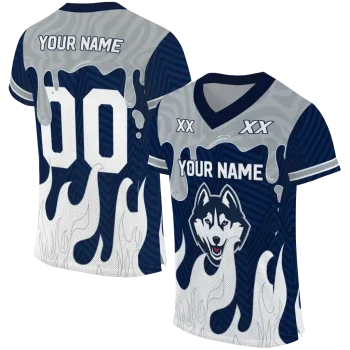 personalized uconn huskies dripping flames blue white jersey best selling