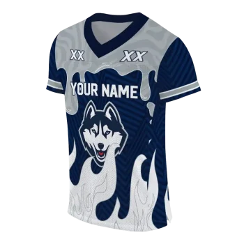personalized uconn huskies dripping flames blue white jersey fashion forward