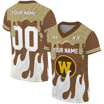personalized western michigan broncos dripping flames brown white jersey best selling