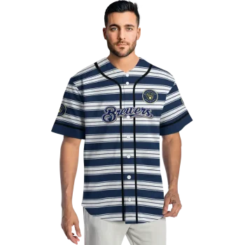 custom milwaukee brewers stripe layers navy blue white jersey fashion forward