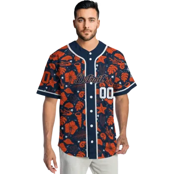 customized detroit tigers tropical hibiscus seashells navy jersey fashion forward