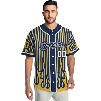 customized milwaukee brewers blazing stripes navy blue jersey fashion forward