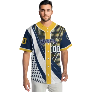 customized milwaukee brewers curved stripes navy blue white jersey fashion forward