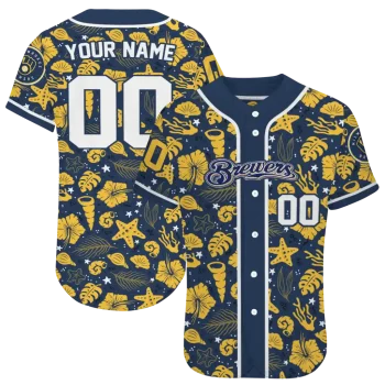customized milwaukee brewers tropical hibiscus seashells navy blue jersey best selling