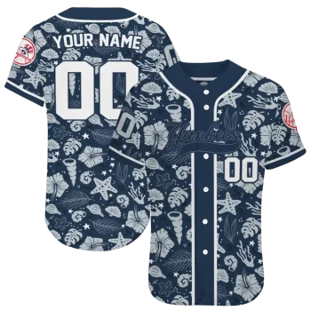 customized new york yankees tropical hibiscus seashells navy jersey best selling