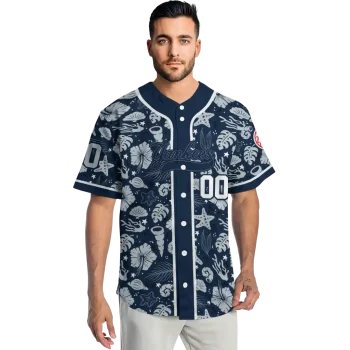 customized new york yankees tropical hibiscus seashells navy jersey fashion forward