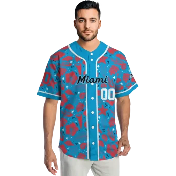 personalized miami marlins tropical hibiscus seashells blue jersey fashion forward