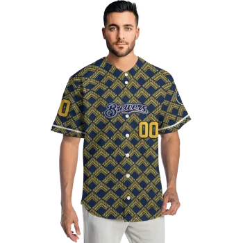 personalized milwaukee brewers chevron interlock navy blue jersey fashion forward