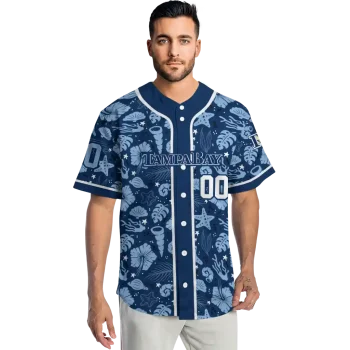 personalized tampa bay rays tropical hibiscus seashells navy jersey fashion forward
