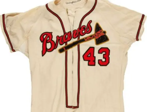 Atlanta Braves Jerseys 4 1950s Milwaukee Braves cream jersey with red script ‘Braves’ and tomahawk logo across the chest, featuring navy pinstripes and number 43