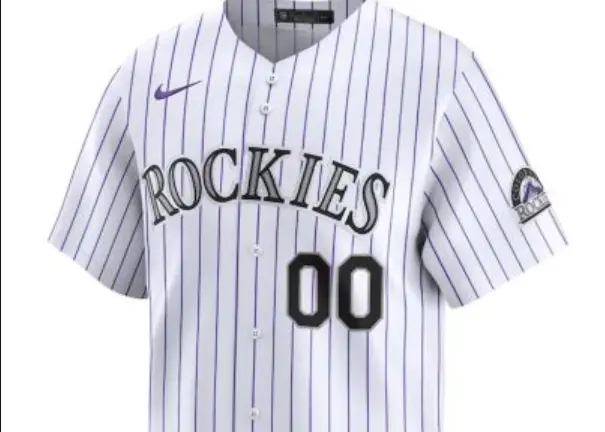 Colorado Rockies Jerseys 1 Modern Colorado Rockies home jersey featuring white fabric with purple pinstripes, black ‘Rockies’ lettering, player number below, and mountain logo patch on the sleeve, representing the team’s updated design since 2005