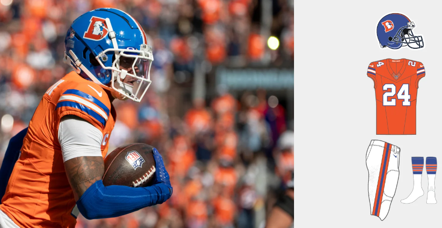 Denver Broncos 2024 Sunset Orange “Mile High” uniform with mountain peak details and triple-stripe pants design