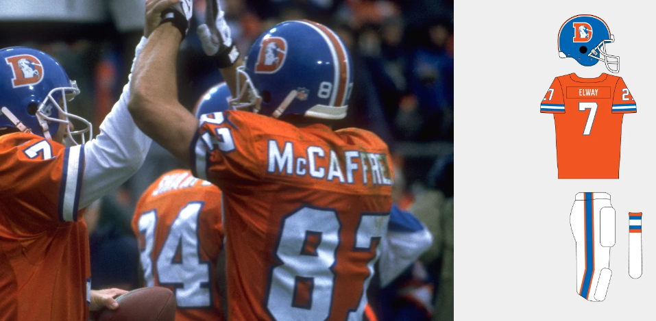 Denver Broncos 1980s “Orange Crush” uniform with royal blue helmet and bright orange jersey from the John Elway era