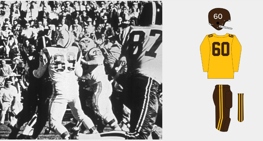 1960–1961 Denver Broncos mustard yellow and brown uniform with striped socks, the team’s first and most ridiculed design