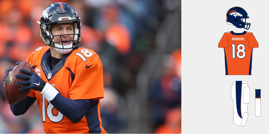 Denver Broncos 1997–2011 navy and orange uniform with modern horse head helmet logo, marking the team’s Super Bowl dynasty years