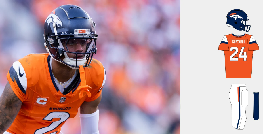 Denver Broncos 2010s orange home uniform with navy helmet, representing Peyton Manning’s Super Bowl 50 era.