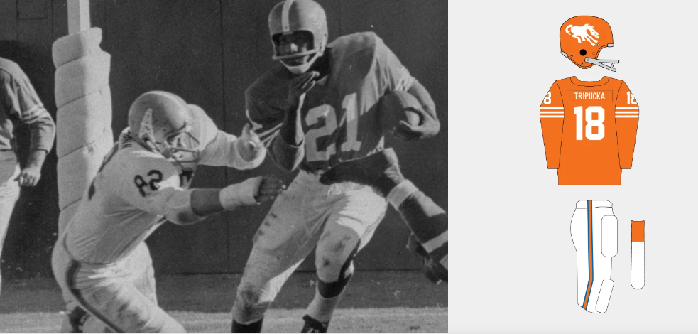 Early 1960s Denver Broncos orange uniform with cartoon bronco helmet logo, marking the start of the team’s iconic orange era
