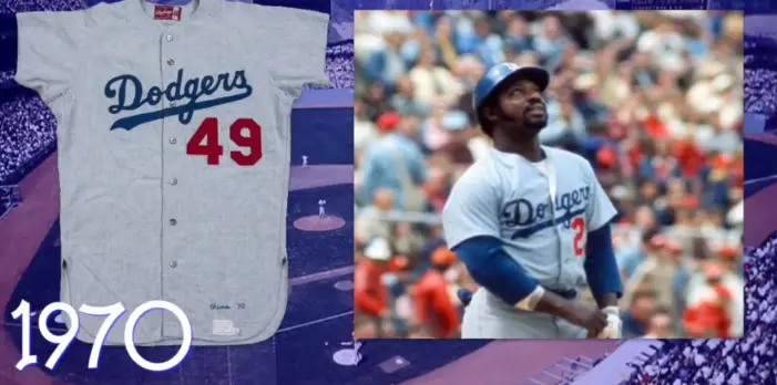 Los Angeles Dodgers Jerseys 7 1970s Los Angeles Dodgers gray jersey featuring blue ‘Dodgers’ script and distinctive red player number on the chest, symbolizing the team’s modern era look