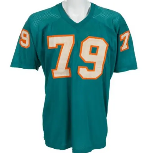 Vintage Miami Dolphins aqua jersey with orange and white block numbers from the 1966–1973 era
