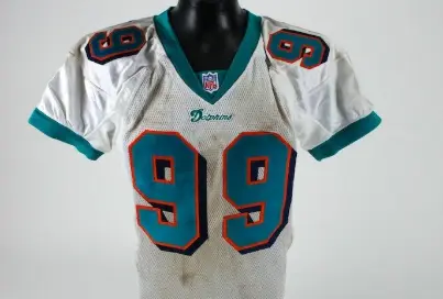 Miami Dolphins white jersey with navy trim and animated dolphin logo, 1997–2012 era.