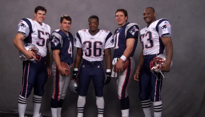 New England Patriots players wearing navy and white jerseys, Dynasty Era 2000–2019