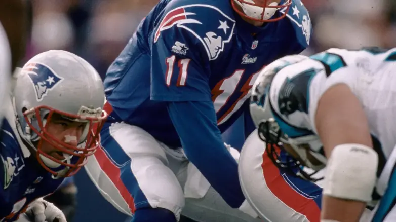 New England Patriots navy jersey with Flying Elvis logo, 1993–1999 rebrand era
