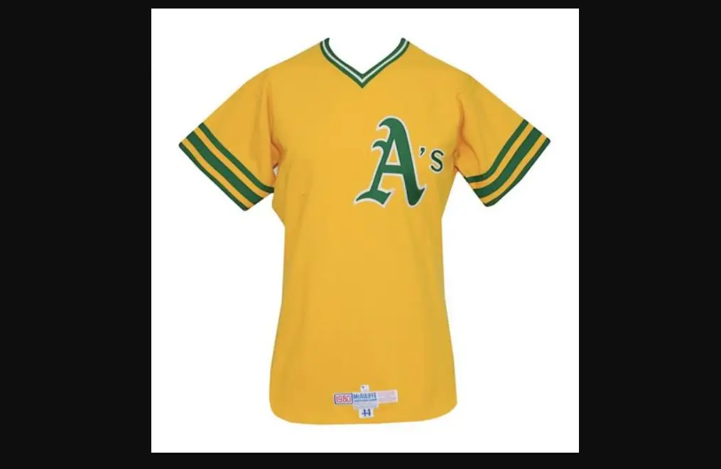 Oakland Athletics yellow jersey with green ‘A’s’ logo and striped sleeves, representing the 1968–1981 ‘Swingin’ A’s’ dynasty era in green and gold