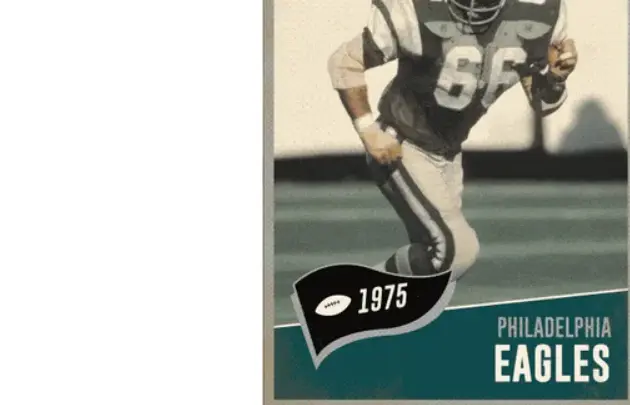 Philadelphia Eagles Jerseys 2 Image of a Philadelphia Eagles player in 1975 wearing the Kelly green home uniform with white and silver accents, representing the 'Flying Wing' era and the rise of the Gang Green defense from 1974 to 1995