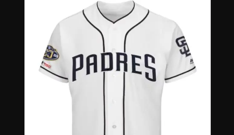 2016–2019 San Diego Padres white jersey with navy piping and bold navy ‘PADRES’ lettering, marking the team’s Blue and Yellow return era